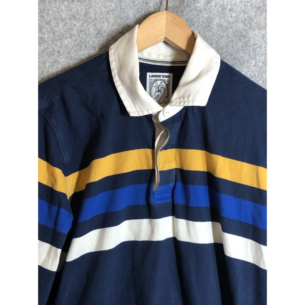 Vintage Lands End Shirt Large Blue Stripe Rugby Polo Long Sleeve Sports Outdoors